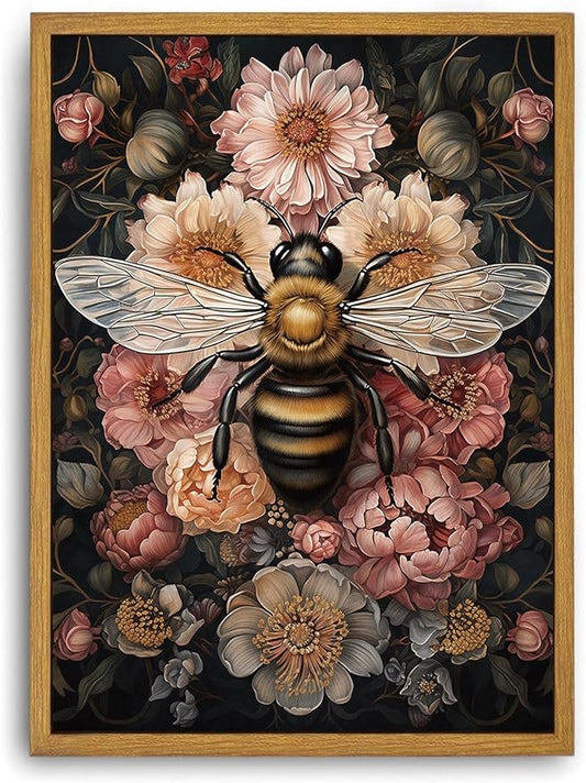 Framed Vintage Canvas Wall Art Dark College Bee Flower Paintings Wall Decor Nature Floral Botanical Pictures Prints for Living Room Bedroom 8x10in
