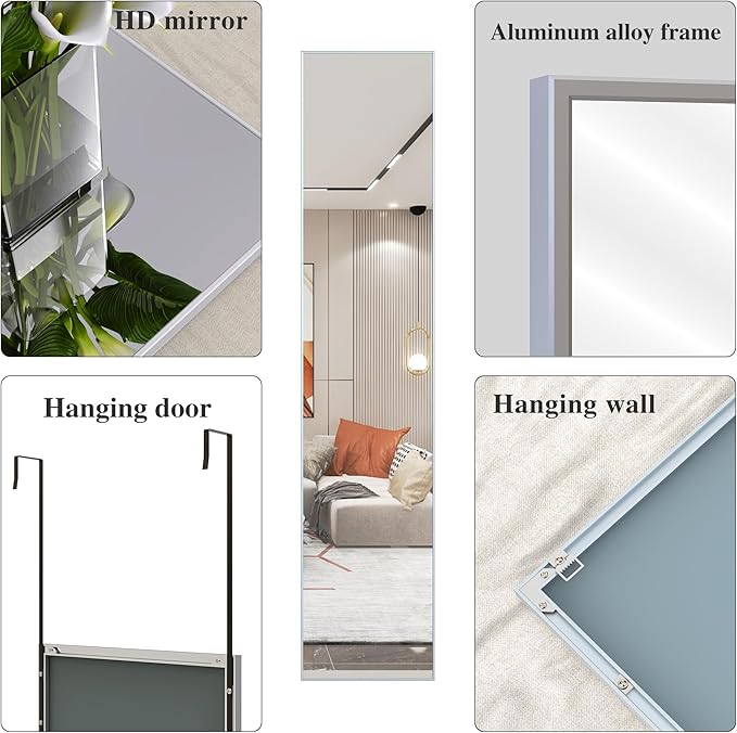 ANYHI Large Full Length Mirror, 65"x13.8" Door Mirror Full Length, 2 Hooks, Over The Door or Wall Monuted, Aluminum Frame, for Bedroom Bathroom Checkroom, Silver
