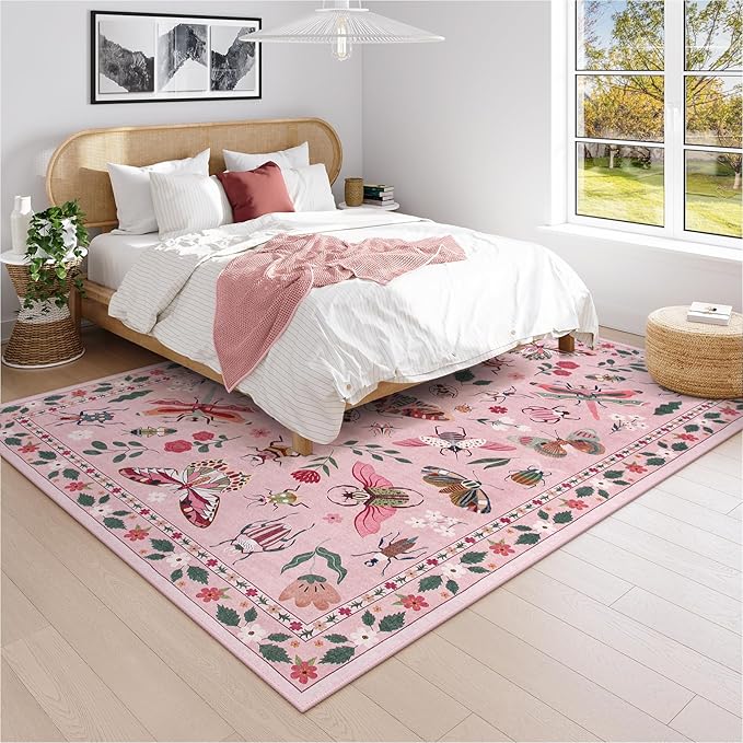 Lahome Insect Washable Rugs 8x10, Soft 8x10 Rugs for Living Room Dining Room Ultra-Thin, Non-Slip Bedroom Rug Large Carpet Non-Shedding Carpet for Girls Classroom Nursery Vionnet(8x10ft,Pink)