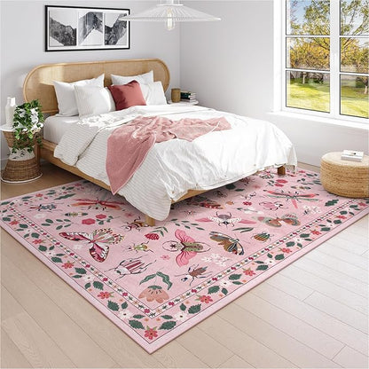 Lahome Insect Washable Rugs 8x10, Soft 8x10 Rugs for Living Room Dining Room Ultra-Thin, Non-Slip Bedroom Rug Large Carpet Non-Shedding Carpet for Girls Classroom Nursery Vionnet(8x10ft,Pink)