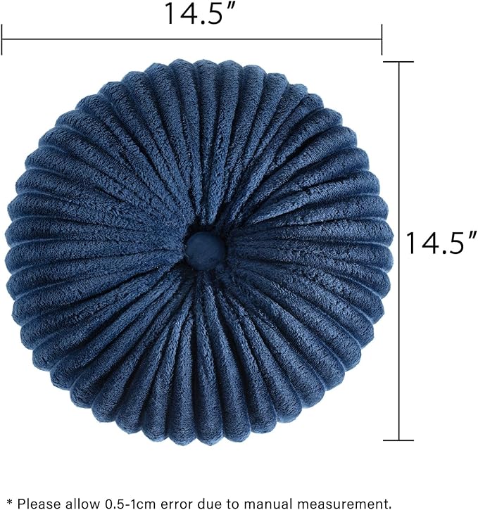 HIG Decorative Round Throw Pillows for Bed Couch -Set of 2 Handcraft Ruched Pumpkin Pillow, Soft and Durable Flannel Floor Pillow for Home Decor, Bed Living Room and Sofa (Navy,14.5"x14.5")