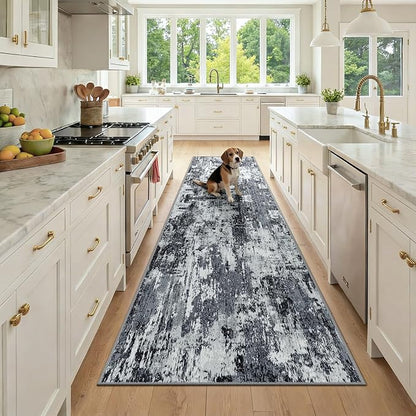 RELEANY Washable Area Rugs 3x9 Non-Slip Modern Abstract Soft for Living Room Entryway Bedroom Nursery, Print Pattern, Black Navy Blue Gray