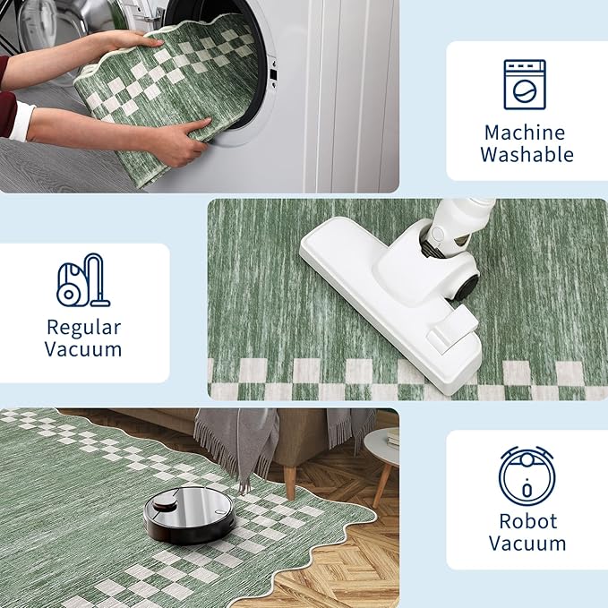 Small Bedroom Area Rug 3x5 Checkered Area Rug for Living Room Nursery Non Slip Kitchen Throw Carpet Low Pile Modern Bordered Rugs Washable Bathroom Mat Soft Brown Rugs for Laundry Entryway, Green
