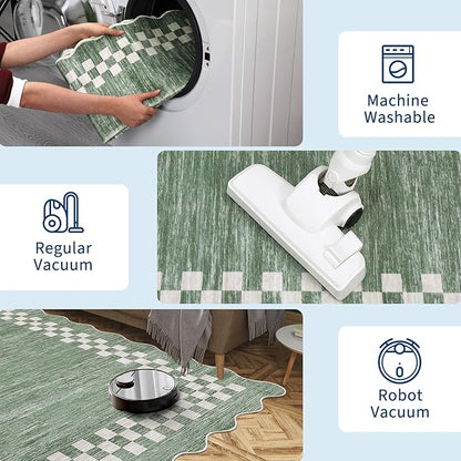 6ft Washable Round Rug for Entryway Modern Checkered Bedroom Circle Rug Non Slip Soft Dining Room Round Throw Carpet Large Stain Resistant Border Round Rugs for Living Room Kitchen Bathroom, Green