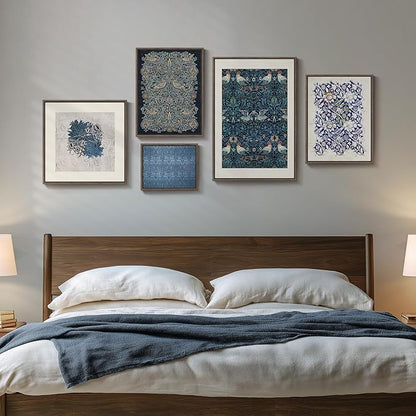 Framed William Morris Wall Art for Living Room, 5 Piece Large Vintage Blue Canvas Prints Set, Floral Botanical and Bird Pattern Aesthetic Decor for Bedroom, Hallway, Home Office, Kitchen, Guest Room