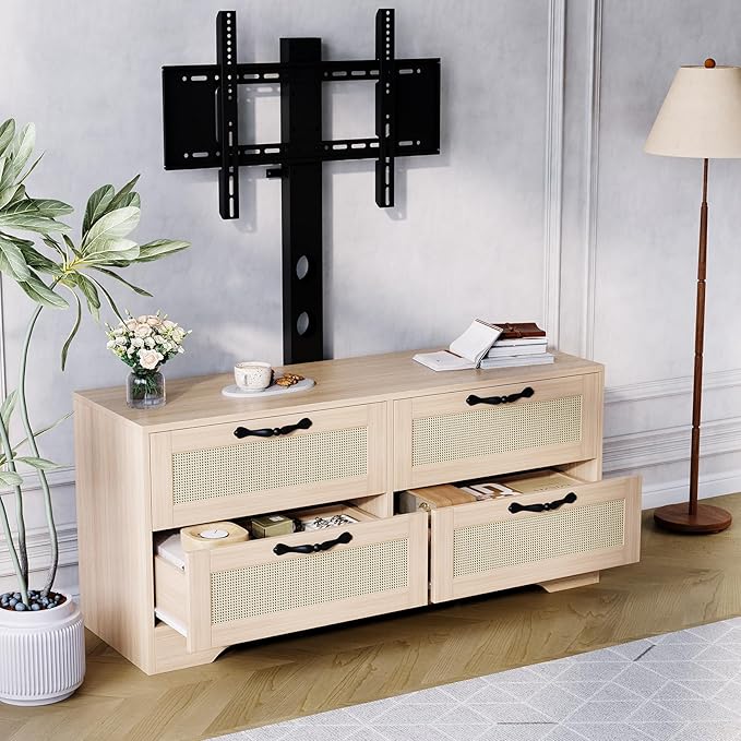 GarveeHome 4 Drawer Dresser TV Stand with Mount, XXX Inch Rattan Entertainment Center for TVs Up to 70 Inch, Farmhouse Wooden Media Console for Living Room, Bedroom, Natural