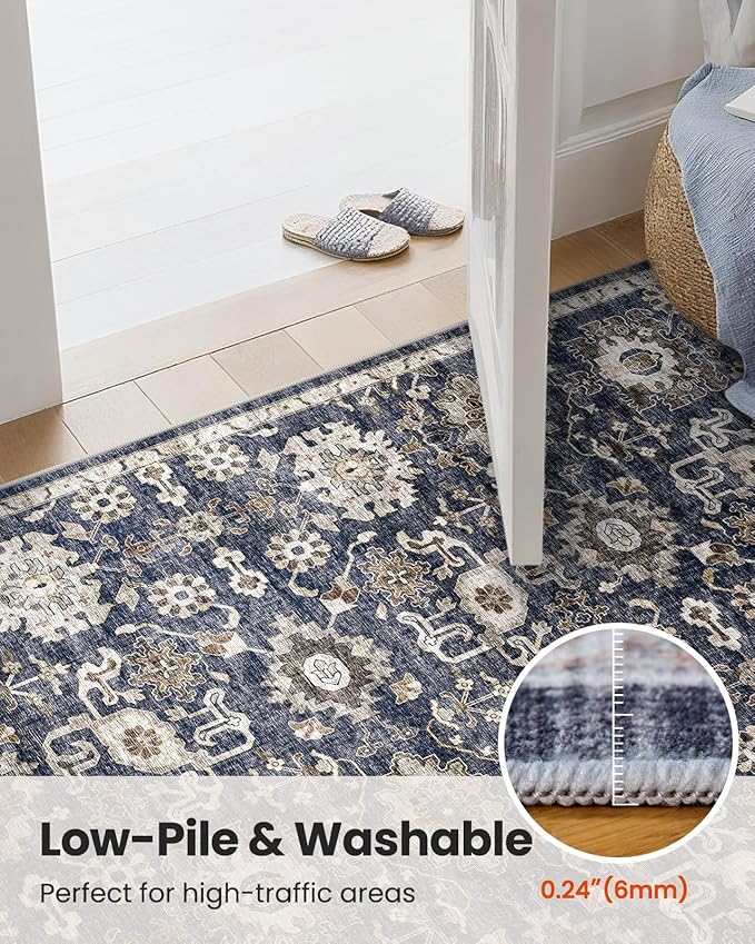 AMADA HOMEFURNISHING 10x14 Washable Area Rug, Low-Profile Large Area Rug with Non-Slip Backing & Durable Edge Binding, Vintage Large Rugs for Living Room, Bedroom & Dining Room