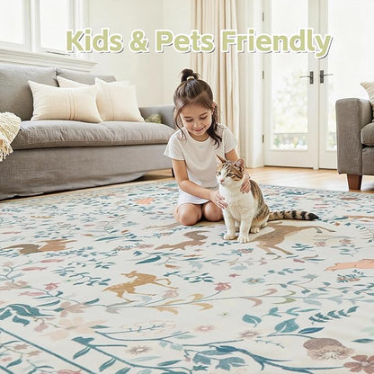 6x9 Area Rugs Washable Rug: Lagre Boho Living Room Rug Soft Non-Slip Thin Carpet Indoor Floor Non-Shedding Neutral Floral Carpets for Bedroom Dining Room Farmhouse Nursery Cream Gray