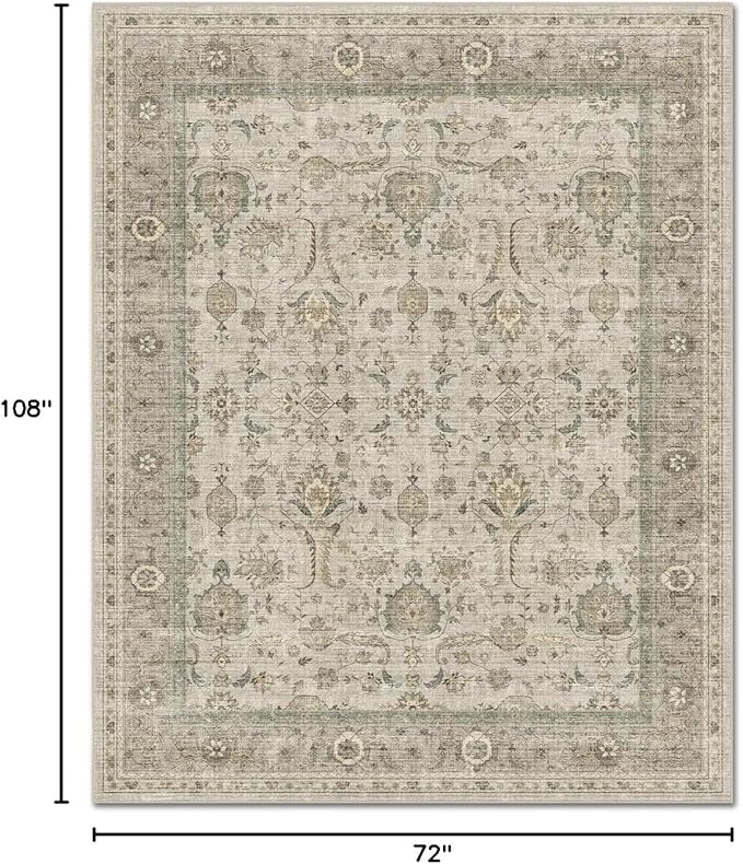 Washable 6x9 Area Rugs for Living Room, Boho Non-Slip Vintage Distress Large Rugs for Bedroom Dining Room Nursery Office, 0.3" Neutral Oriental Throw Thin Carpet, Flaxen/Multi, B2