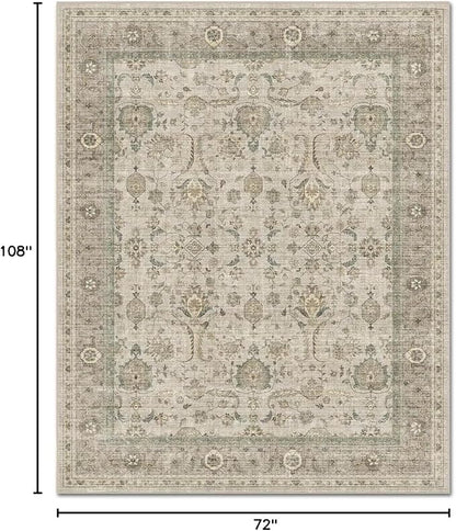 Washable 6x9 Area Rugs for Living Room, Boho Non-Slip Vintage Distress Large Rugs for Bedroom Dining Room Nursery Office, 0.3" Neutral Oriental Throw Thin Carpet, Flaxen/Multi, B2