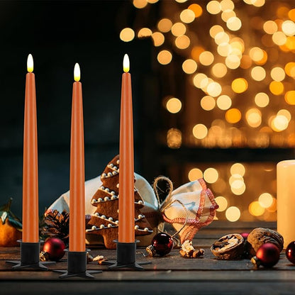 CVHOMEDECO. Flameless Taper Candles with 10-Key Remote, Battery Operated Led Flickering 3D Wick Window Candles Real Wax Finished Home Christmas Party Decor 0.78 x 11 Inch, Pack of 3, Orange