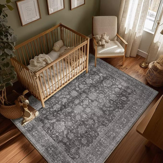 Washable 5x7 Area Rugs for Living Room, Boho Non-Slip Vintage Rugs for Bedroom Dining Room Nursery Office, 0.3" Neutral Oriental Throw Thin Carpet with Cushioning Pad, Grey/Multi, E3