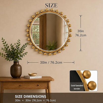 30 Inch Round Wall Mirror with Antique Gold Ball Frame, Beveled Decorative Round Accent Mirror, Vintage Gold Sunburst Style Mirror for Bedroom, Living Room, Entryway, Hallway & Wall Decor