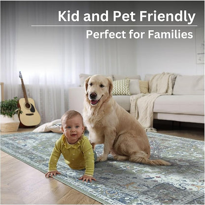 Bloom Rugs Washable Non-Slip 6' x 9' Rug - Green/Blue Traditional Medallion Area Rug for Living Room, Bedroom, Dining Room, and Kitchen - Exact Size: 6' x 9'