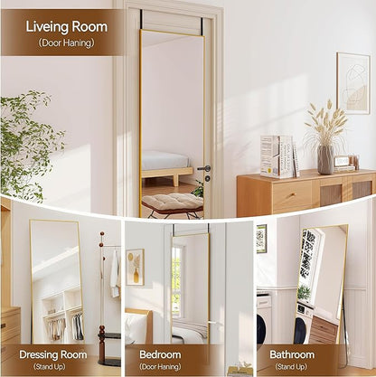 NARCISSUS 57x20 Mirror Door Hanging Full Length Body with Floor Stand or Wall Mounted Metal Aluminum Frame Tempered Glass Rectangle Mirrors for Bedroom Dressing Living Room Bathroom 57 inch Gold