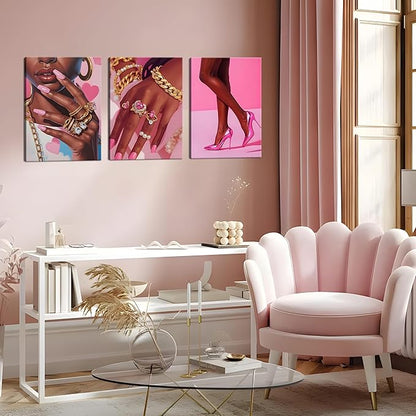 Framed Pink Black Girl Wall Art Set of 3, African American Black Women Canvas Prints Poster, Fashion Gorgeous Girl Paintings Pictures Artwork for Bathroom Bedroom Living Room Wall Decor 12x16 Inch