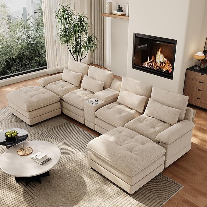 134"U Shaped Sectional Couches for Living Room, Oversized Modular Sectional Fluffy Couch with 2 Ottoman & Storage Console,Modern 6 Seat Living Room Sofa with Glitter Fabric,Tufted Buttons, Camel