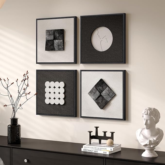 3D Wood Textured Framed Black and White Wall Art Set, Modern Neutral Abstract Geometric Paintings Artwork for Walls, Minimalist Black Wooden Pictures Wall Decor for Living Room Hallway Dining Bedroom