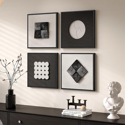 3D Wood Textured Framed Black and White Wall Art Set, Modern Neutral Abstract Geometric Paintings Artwork for Walls, Minimalist Black Wooden Pictures Wall Decor for Living Room Hallway Dining Bedroom