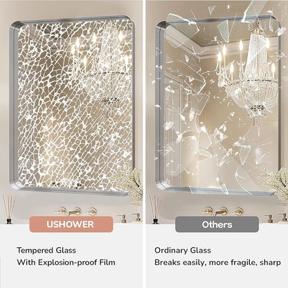 USHOWER Brushed Nickel Bathroom Mirrors 24"x36" 2 Pack, Silver Rectangle Mirrors for Over Sink, Rounded Corner, Aluminum Frame, Anti-Rust, Tempered Glass, Horizontal or Vertical Mounted