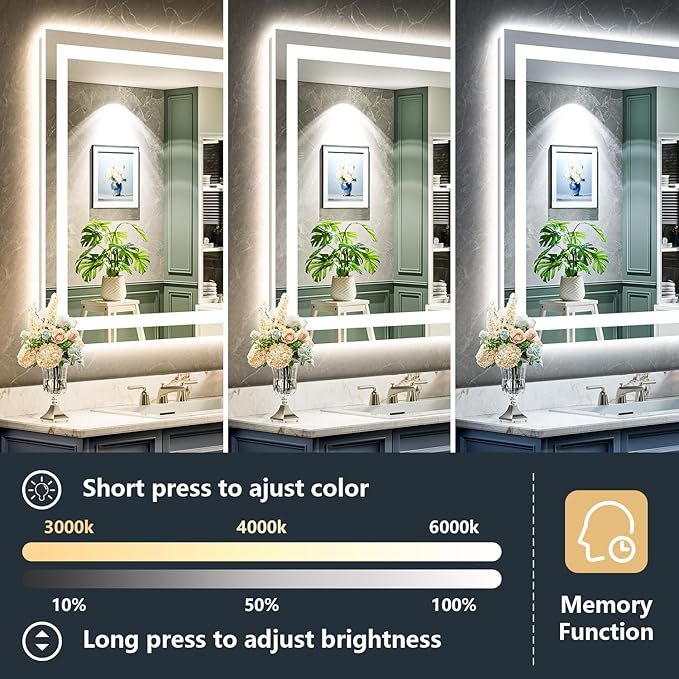 20x30 Inch LED Bathroom Mirror with Lights Front and Backlit Lighted Vanity Mirror for Bathroom Wall with 3 Colors Dimmable Anti-Fog Memory Shatter-Proof IP54 Waterproof Horizontal/Vertical