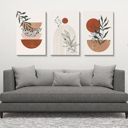 Boho Wall Art - Mid Century Modern Set of 3 Abstract Geometric Prints, Black Beige Terracotta, Framed Canvas Artwork for Living Room, Bathroom, Bedroom Decor
