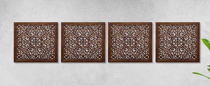 The Wooden Town Kashmiri Wall Decor – Set of 4 (16x16 Inch) | Handcrafted Wooden Wall Panels & Hanging Plaques for Living Room, Home & Office | Burnt Finish Decorative Art for Walls