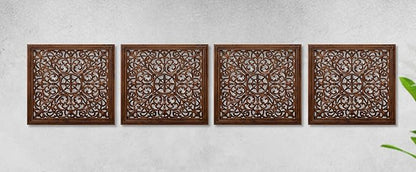 The Wooden Town Kashmiri Wall Decor – Set of 4 (16x16 Inch) | Handcrafted Wooden Wall Panels & Hanging Plaques for Living Room, Home & Office | Burnt Finish Decorative Art for Walls