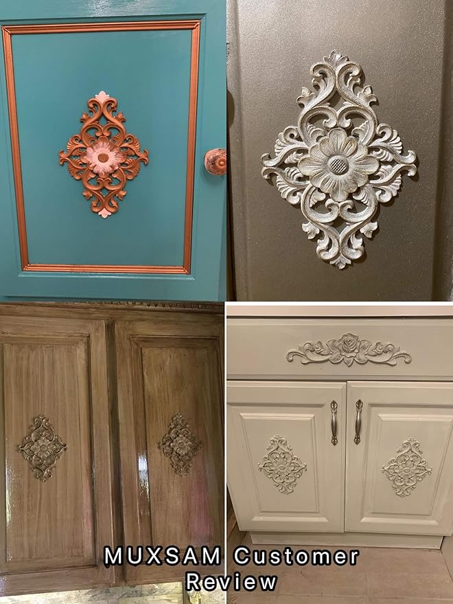 Wood Carved Appliques, 4Pcs Wooden Decorative Onlays, MUXSAM Unpainted Furniture Center Decals for Cabinet Dresser Bed Door Wall Wardrobe Ceiling Decoration Home DIY Project, 21x15cm/8.27"x5.9"