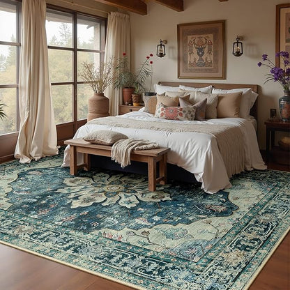 RELEANY Area Rugs 8'x10' Washable Non-Slip, Floral Vintage Distress Print Pattern Medallion Carpet for Living Room Bedroom Dining Room, Dark Blue Vintage