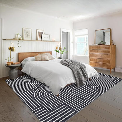 ROYHOME Washable Rug 10x13 Area Rugs for Living Room, Abstract Rug for Bedroom, Soft Rainbow Rugs with Rubber Back, Low Pile Stain Resistant Boho Geometric Rug for Dining Room, Black