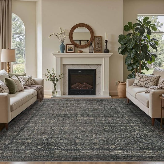 Rugxara 6x9 Washable Area Rug for Living Room, Vintage Large Boho Rugs for Office, Dining Room, Kids Room, Farmhouse, Durable Low Pile Non Slip Carpet for High Traffic Areas, Moss Brown