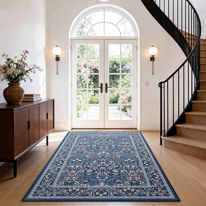 AMADA HOMEFURNISHING 3x5 Entryway Rug Indoor, Non-Slip & Low-Profile Area Rugs with Durable Edge Binding, Floral Pattern, Soft Washable Rug for Bedroom, Entryway and Kitchen