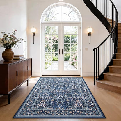 AMADA HOMEFURNISHING 3x5 Entryway Rug Indoor, Non-Slip & Low-Profile Area Rugs with Durable Edge Binding, Floral Pattern, Soft Washable Rug for Bedroom, Entryway and Kitchen
