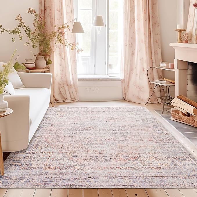 Girl Pink Area Rug 6x9 Washable Rug Non Slip Soft Baby Nursery Carpet Neutral Living Room Kids Bedroom Floor Covering, Pink and Grey