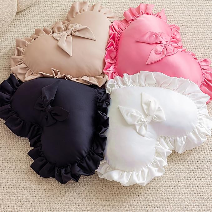 MOJUN Black Heart Pillow, Soft Heart Shaped Pillow with Bow Ruffle Design Love Room Decor Pillows for Sofa Bed Chair Cute Heart Shaped Throw Pillow Cushion for Bedroom Living Room
