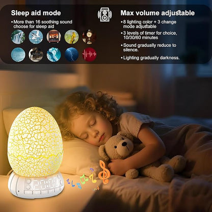 Dinosaur Egg Alarm Clock / Glowing Digital Clock with Night Light, 20 Soothing Sound Timer Training Sleep Machine/Bluetooth Speaker, Dinosaur Decor Lamp for Bedroom/Living Room, Gifts for Kids Adults