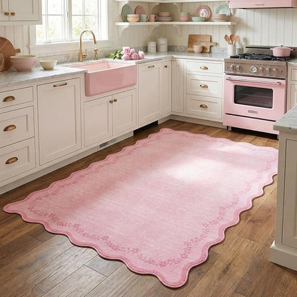 GarveeHome 3x5 Scalloped Washable Area Rug for Bedroom,Soft Solid Pink Entryway Rug Non Slip Low Pile Carpet Stain Resistant Throw Rug for Bedside Kids Room Office Dining Room
