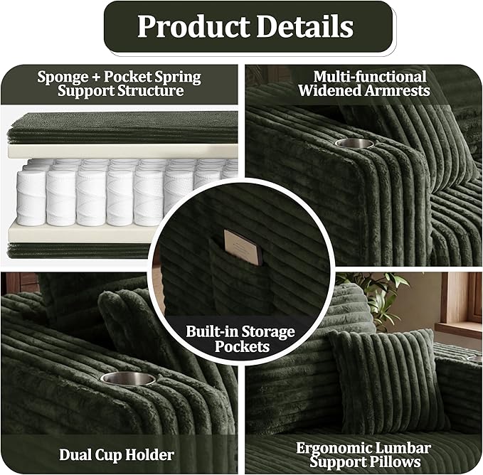 137'' U-Shaped Cloud Modular Sectional Sofa, Modern Corduroy Memory Foam Couch with Cup Holders, Upholstered Boneless Deep Seat Fluffy 6-Seater Sofa, No Assembly Needed, Olive Green, for Living Room