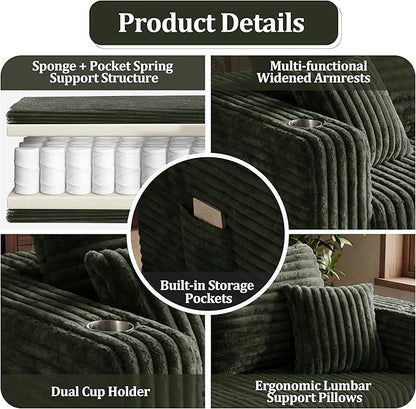 137'' U-Shaped Cloud Modular Sectional Sofa, Modern Corduroy Memory Foam Couch with Cup Holders, Upholstered Boneless Deep Seat Fluffy 6-Seater Sofa, No Assembly Needed, Olive Green, for Living Room