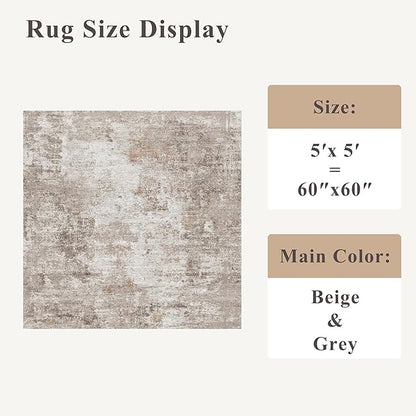 5x5 Square Entryway Rug Washable – Non-Slip Small Area Rug for Kitchen or Bathroom, Soft Low-Pile Indoor Mat, Modern Abstract Thin Door Carpet (Beige Grey)