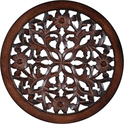 Woodify Hand-Carved Wooden Wall Décor – Set of 4, 12" x 12" Decorative Wood Panels, Floral Design, Natural Burnt Finish, Wall Art for Living Room & Home Décor