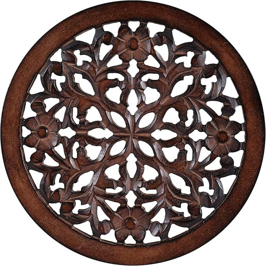 Woodify Hand-Carved Wooden Wall Décor – Set of 4, 12" x 12" Decorative Wood Panels, Floral Design, Natural Burnt Finish, Wall Art for Living Room & Home Décor