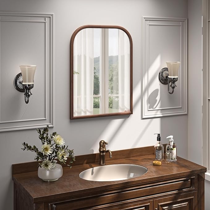 24"x32" Arch Wall Mirror for Wall, Wall Mounted Vanity Mirror for Bedroom, Wood Grain Finish Frame Mirror with Tempered Glass, Vintage Decorative for Bathroom, Entryway, Living Room, Walnut