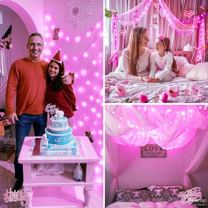 JMEXSUSS 100 LED Pink String Lights Indoor,33 ft Connectable Globe Pink Lights Plug in, 8 Mode Fairy Valentine Light with Remote for Bedroom Girl Room Anniversary Party Valentines Day Decorations
