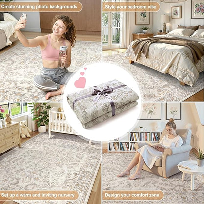 Wonnitar Vintage 5x7 Washable Rug, Neutral Rugs for Living Room Decor, Beige Non Slip Ultra-Thin Soft Boho Floral Room Carpet for Bedroom Nursery Dining Room Farmhouse Office Home Décor