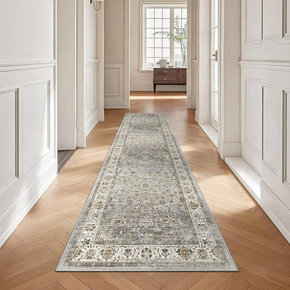 2x8 Washable Hallway Runner Rug - Kitchen Rugs with Non Slip Backing Vintage Soft Farmhouse Entryway Mat for Living Room Laundry Bedroom Bathroom Ivory/Grey