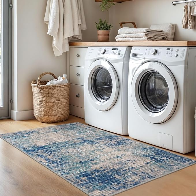 KILOCOCO Abstract Area Rug 3x5 Entryway Rug Washable Kitchen Rugs Non Slip Soft Pinted Entrance Rugs Indoor Mat for Front Door Foyer Farmhouse Living Room Floor Carpet, Blue/Grey/Beige