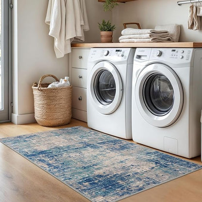 KILOCOCO Abstract Area Rug 3x5 Entryway Rug Washable Kitchen Rugs Non Slip Soft Pinted Entrance Rugs Indoor Mat for Front Door Foyer Farmhouse Living Room Floor Carpet, Blue/Grey/Beige