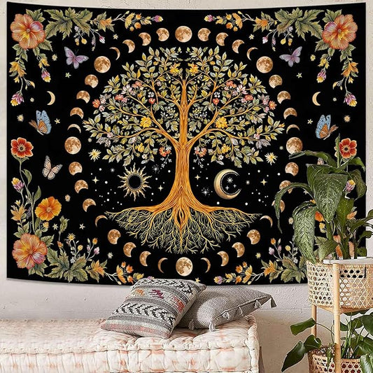 Lunerfex Tree of Life Wall Tapestry - Celestial Moon Phase & Sun Wall Hanging for Bedroom and Living Room Decor - Boho Spiritual Tapestries 90"x70"